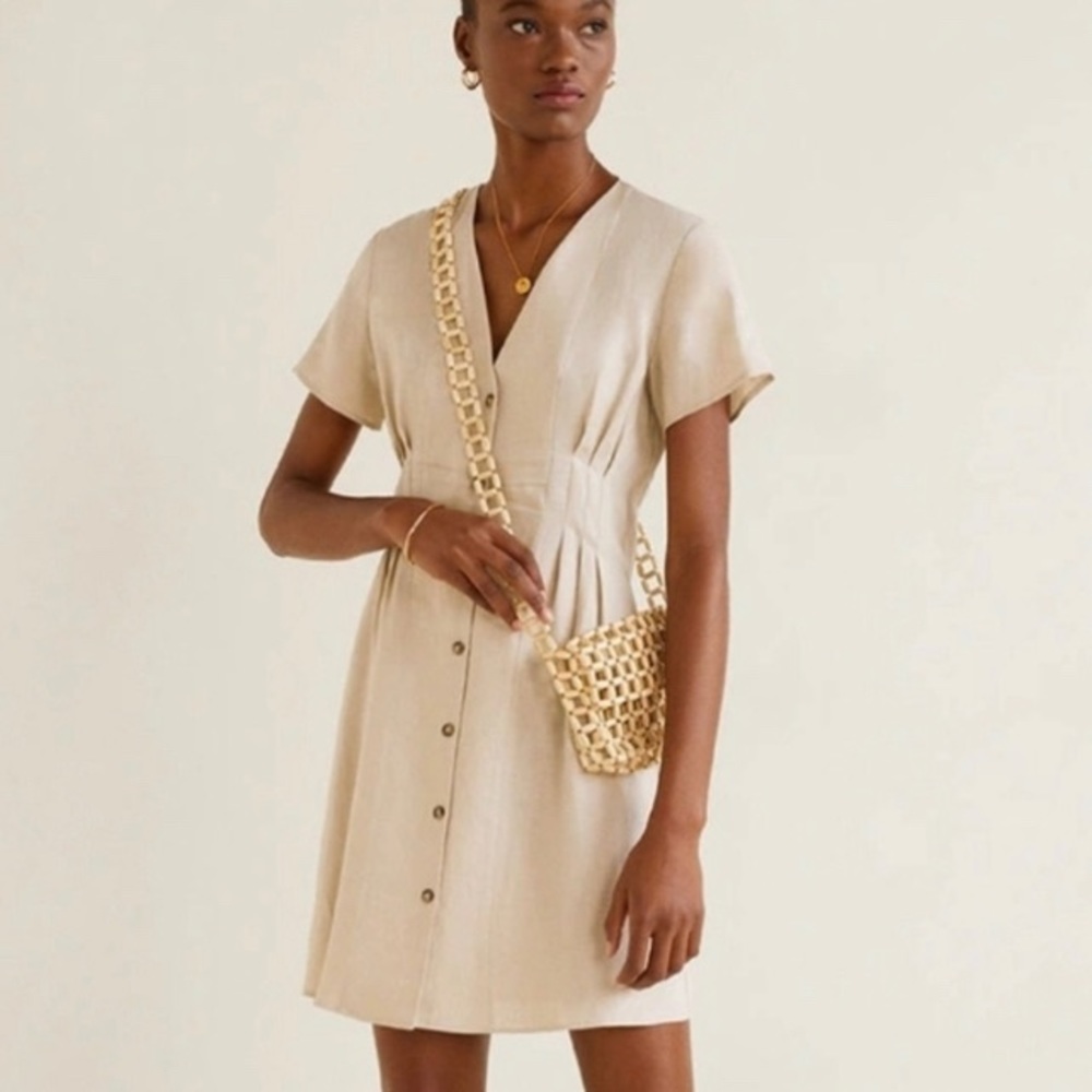 MANGO 100% Linen V-Neck Mini Dress Beige Size S